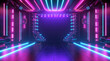 Futuristic neon stage background, dark empty room with blue, red and purple light, interior of modern hall. Concept of hallway, studio, concert, show