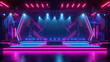 Futuristic neon stage background, dark empty room with blue, red and purple light, interior of modern hall. Concept of technology, studio, concert, show