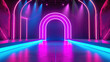 Neon stage background, empty room with blue, red and purple light, interior of dark modern hall. Concept of hallway, technology, studio, concert, show