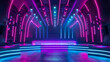 Neon stage background, empty room with blue and purple light, futuristic interior of dark modern hall. Concept of hallway, studio, concert, show