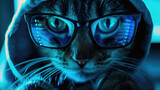 Fototapeta Londyn - Hacker cat uses computer in dark room, digital data reflected in glasses. Concept of spy, work, technology, hack, funny animal, cyber security, scam, crime