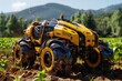 The robot is parked on the ground in a farmer's field against the backdrop of plants and mountains.