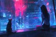 A woman and a cat sit on the windowsill and look at the cyberpunk city at night. The city is filled with bright neon lights and tall buildings.