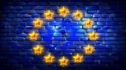 Wall Mural - Glowing golden stars on a blue brick wall background