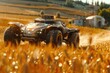 Robotic car on a golden wheat field with a farmhouse in the background.