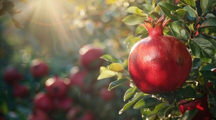 Sticker - Pomegranate close-up on a tree. selective focus