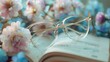 Against a backdrop of delicate pastel flowers, a pair of reading glasses rests atop an open book, their graceful curves and translucent frames captured in mesmerizing HD detail