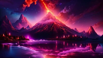 Canvas Print - Illustration of a beautiful fantasy landscape with a volcano in the background, Night fantasy landscape with abstract mountains and an island on the water, an explosive volcano