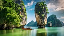 Halong Bay, Vietnam - Famous Travel Destination In The World, Amazed Nature Scenic Landscape Of James Bond Island With A Boat For A Traveler In Phang-Nga Bay