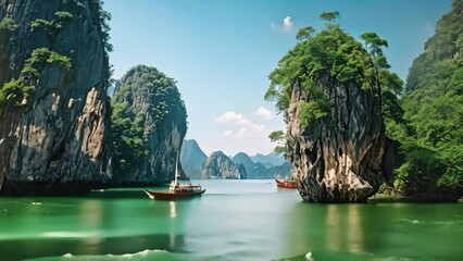 Wall Mural - Beautiful Ha Long bay in Vietnam, Asia. Landscape with mountains and sea, Amazed nature scenic landscape of James Bond Island with a boat for a traveler in Phang-Nga Bay