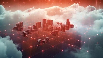 Poster - Conceptual Video of cloud computing with cityscape on the horizon, Datos en la nube y red, Concepto de ciencia y tecnologa
