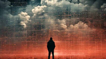 Poster - Rear view of businessman looking at abstract background with cloud computing concept, Datos en la nube y red, Concepto de ciencia y tecnologa