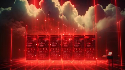 Poster - Digital composite of Servers in server room against red and blue background, Datos en la nube y red, Concepto de ciencia y tecnologa