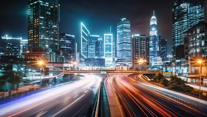 Poster - light trails on the modern building background in shanghai china, Night cityscape with buildings and roads in Beijing city, captured in a long exposure photo