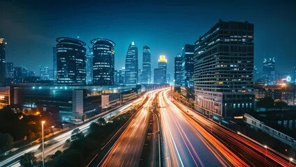 Poster - light trails on the modern building background in shanghai china, Night cityscape with buildings and roads in Beijing city, captured in a long exposure photo