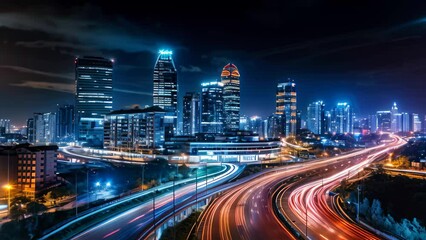 Poster - light trails on the modern building background in shanghai china, Night cityscape with buildings and roads in Beijing city, captured in a long exposure photo