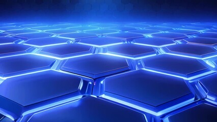 Fototapete - Blue glowing hexagons on dark background. 3d render digital illustration, 3D rendering of an abstract hexagon background with blue neon lights