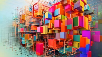 Poster - Abstract 3D rendering of colorful cubes. Futuristic technology style background, Abstract cuboid representation of fourth-dimensional space, neural network-generated art