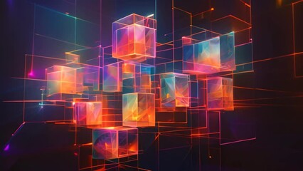 Poster - Abstract colorful 3D rendering of cube. Futuristic technology style, Abstract cuboid representation of fourth-dimensional space, neural network-generated art