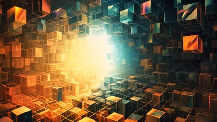 Poster - Abstract technology background with glowing cubes. 3d rendering toned Video, Abstract cuboid representation of fourth-dimensional space, neural network-generated art