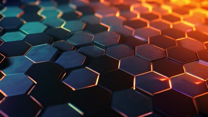 Fototapete - 3D rendering of abstract background with hexagons in blue and orange colors, 3D rendering of an abstract hexagon background with blue neon lights