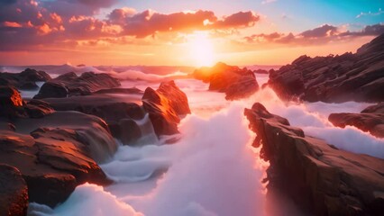 Wall Mural - Beautiful seascape with long exposure of waves crashing on the rocks, Beautiful seascape at sunset captured through a long exposure shot