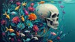 Aquatic Surrealism: Skull Submerged in a Floral Fish Garden