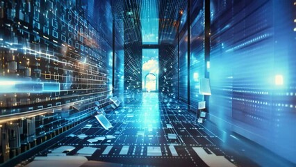 Poster - abstract blue background with technology and binary code, 3d render, Data Privacy Protection Business Technology Privacy concept on a virtual screen
