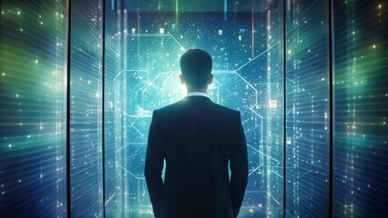 Poster - Back view of businessman looking at abstract business hologram on server room background. Technology concept. Double exposure, Data Privacy Protection Business Technology Privac