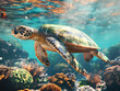 Majestic sea turtle in ocean depths. Water pollution concept. Elegant turtle swimming in blue underwater world. Sea turtle exploring coral reefs in the sea.