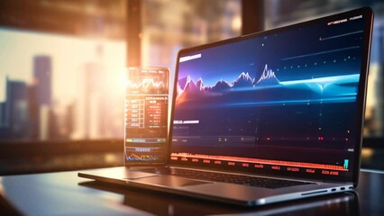 Poster - Laptop with stock market chart on screen. Finance and trade concept. 3D Rendering, Investment concept with a stock market chart and candlestick graph on a virtual screen