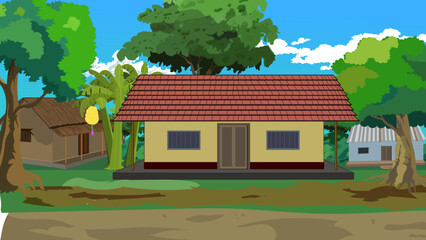 Indian village house background for cartoon animation, Indian style village house , village with thatched roof vector illustration