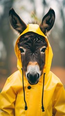 Wall Mural - Cute Baby Donkey in Yellow Raincoat