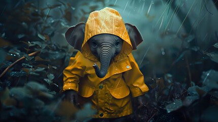 Wall Mural - Cute Baby Elephant in Yellow Raincoat