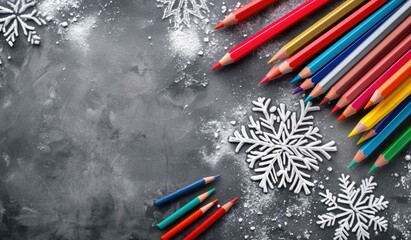 Sticker - Colorful pencils and snowflakes on a black background. Generative AI.