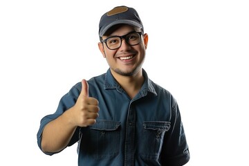 Poster - A man in a blue shirt and glasses giving the thumbs up. Generative AI.