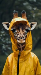 Wall Mural - Cute Baby Giraffe in Yellow Raincoat