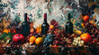 Still life painting of wine bottles, fruits, and vegetables