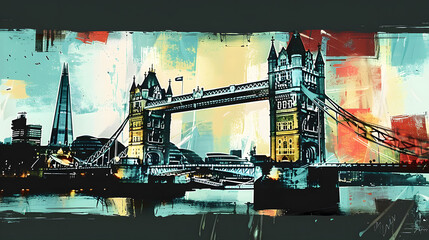 Sticker - Contemporary style minimalist artwork collage illustration of London Bridge Uk. Ai generative.