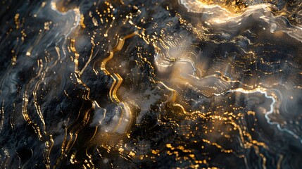 As the camera zooms in, the luxurious abstract design reveals layers of depth and complexity, with dark gold hues intertwining to create a mesmerizing tapestry of light and shadow