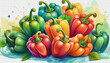 oil painting style CARTOON CHARACTER CUTE Pile of red and green bell peppers for a vegetable theme background, 
