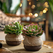 Two Echeveria Plants in Knotted Twine Pots on a Jute Mat with Soft Bokeh Lights in the Background