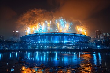 Un estadio iluminado con luces azules y fuegos artificiales en la noche al fondo la ciudad. Evento de inaguracion de un espectaculo deportivo o concierto