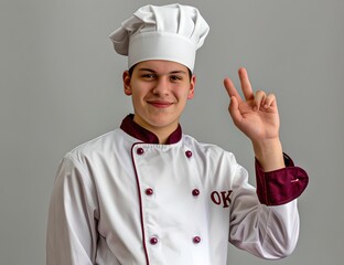 Confident Young Chef in Uniform Giving the OK Sign. Professional Cook Posing with a Smile. Culinary Expertise and Hospitality Industry Represented. Studio Shot. AI