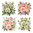set of 4 bouquet of colorful roses, watercolor, clipart, white background, isolated