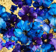 Elegant purple and blue flowers alcohol ink background with gold glitter elements
