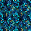 seamless pattern of Elegant blue and teal flowers alcohol ink background with gold glitter elements