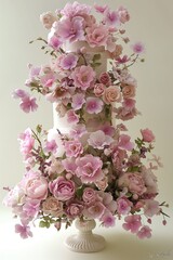 Sticker - Cake decorated with pink and beige flowers in a vase.