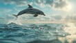 A playful and imaginative image of a dolphin leaping through the air, representing the joy and freedom of marine life on World Reef Awareness Day.