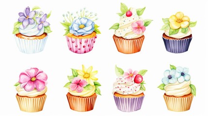Wall Mural - A set of cupcakes with flowers on top